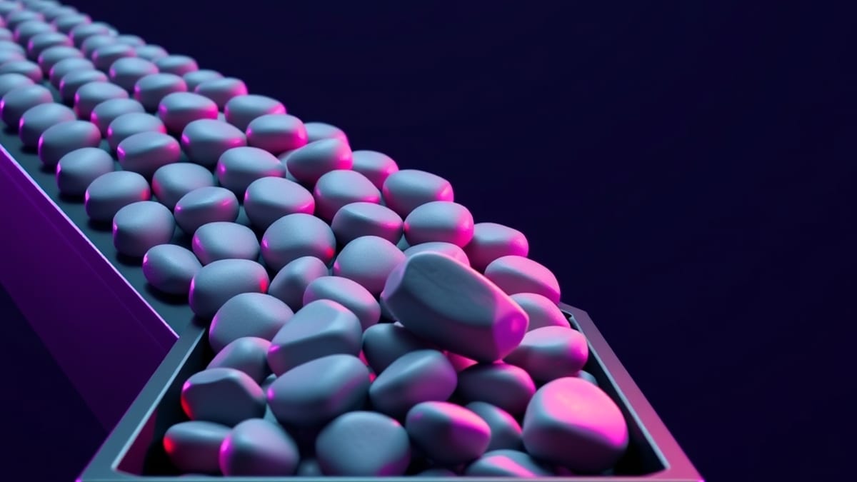 A conveyor belt of smooth identical grey pebbles, with one sharply faceted pebble standing out under warm light.