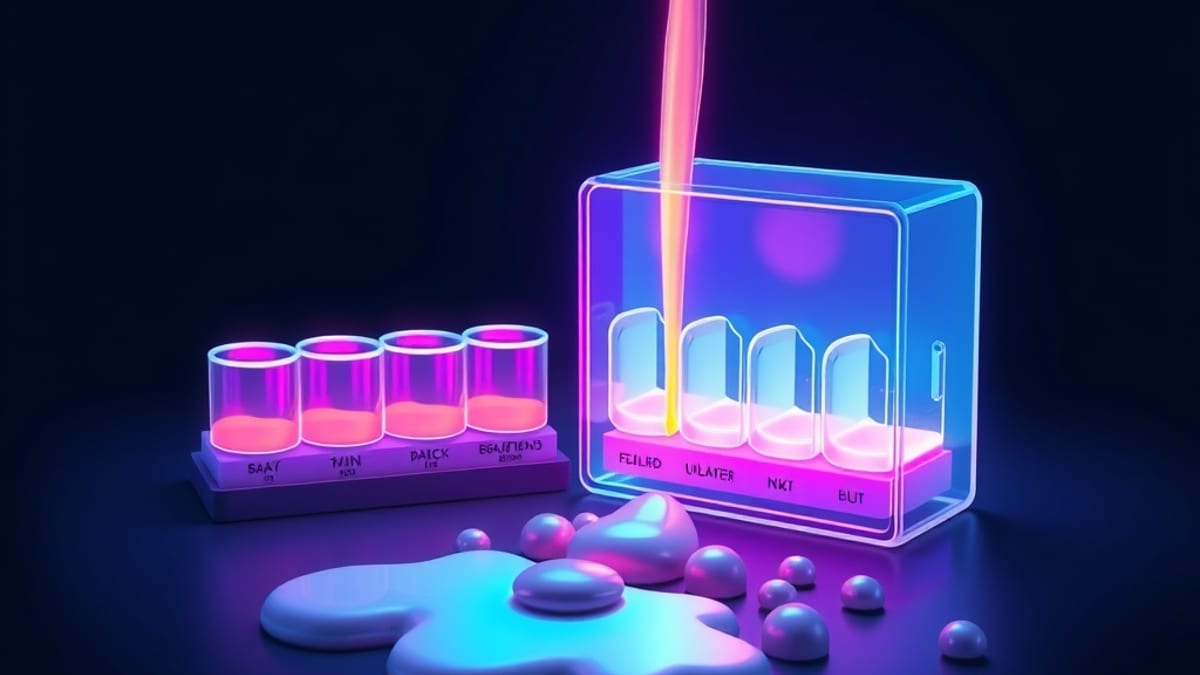 A glass mold with seven compartments being filled with glowing liquid metal, beside a mold overflowing into shapeless blobs.