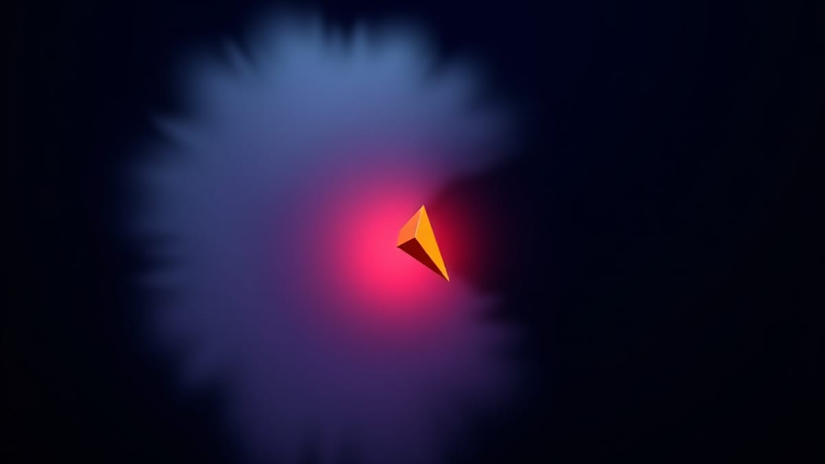 A wide cloud of grey mist narrowing into a funnel that releases one sharp amber geometric shard.