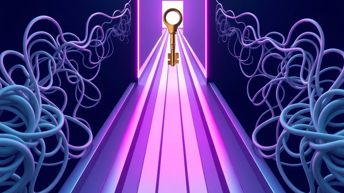 A narrow key entering a wide gate of parallel rails, with a straight lit corridor behind and tangled grey paths branching asi
