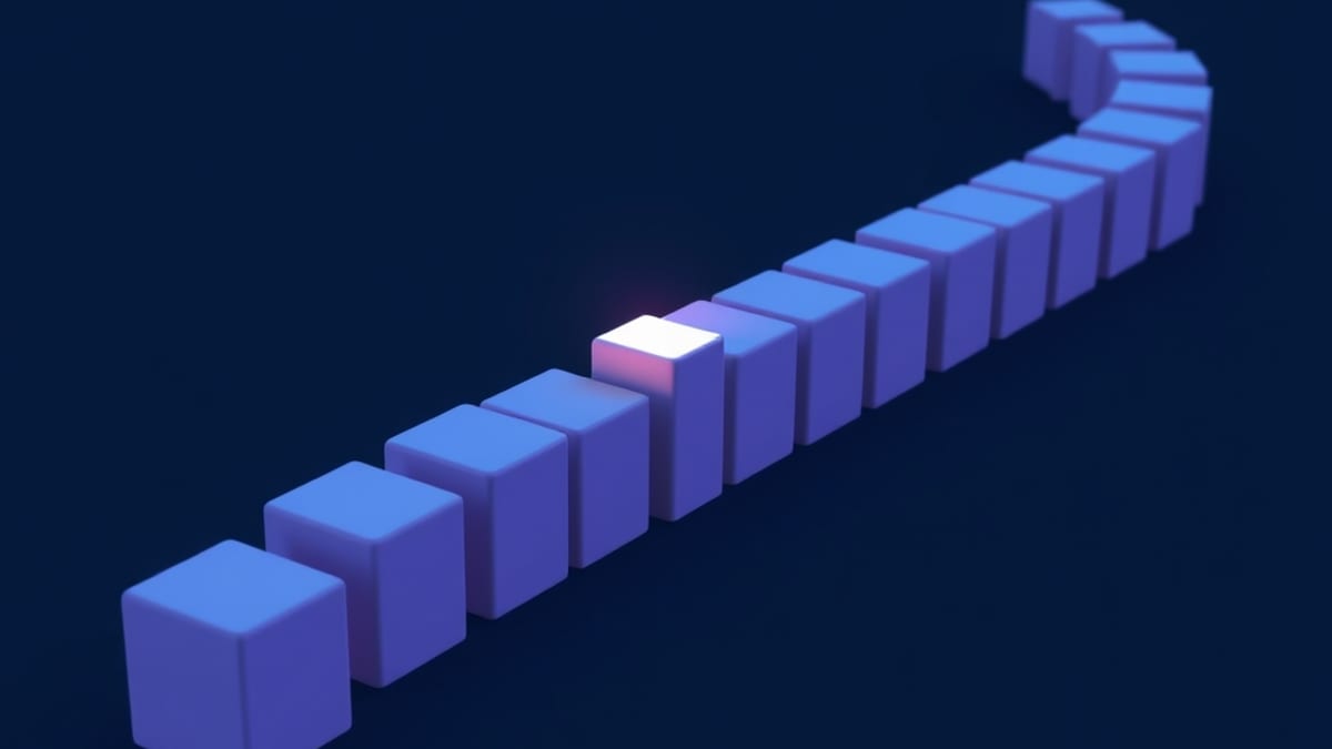 A chain of blank clay cubes on a conveyor, one glowing cube tipping forward while faint ghost cubes hover above it.
