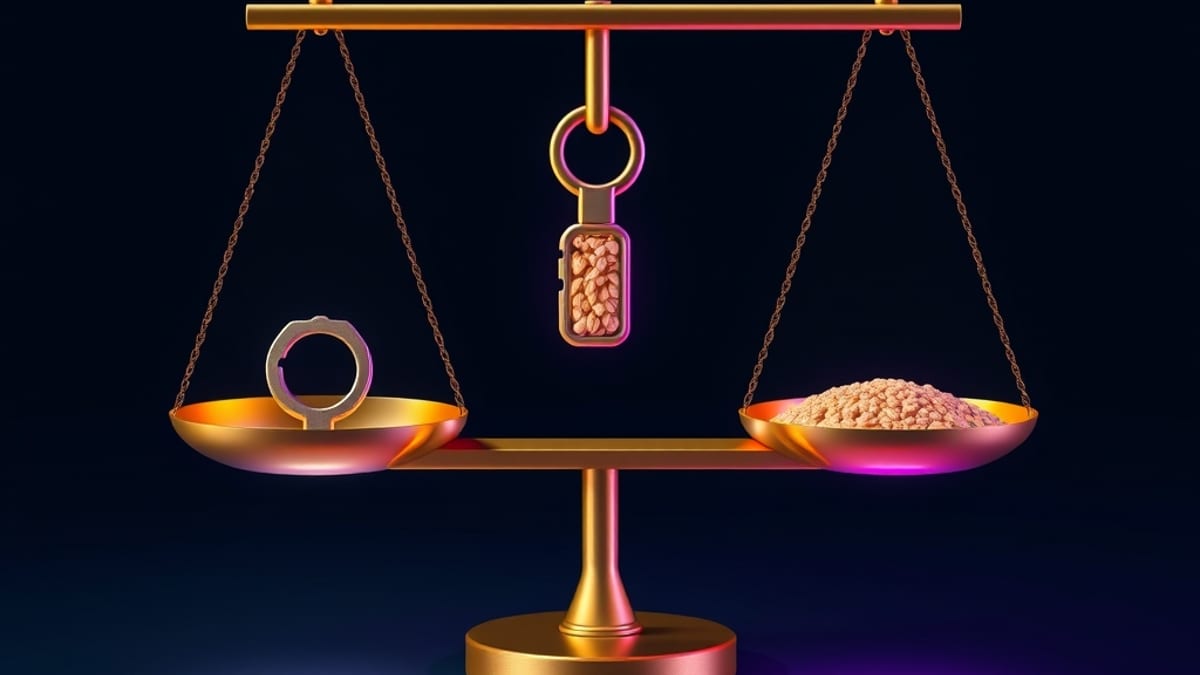 A level two-pan balance whose pans hold different sets of keys, with one glowing grain at the center.