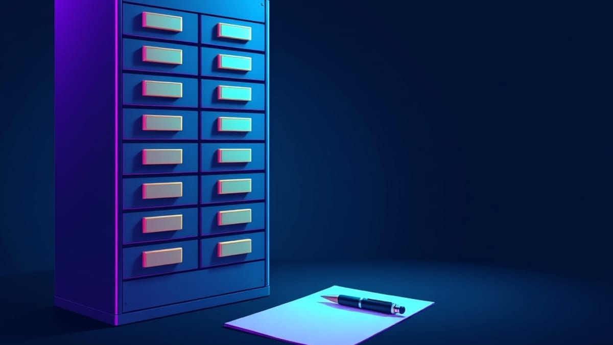 A large multi-drawer cabinet dispensing identical blank sheets beside a single slim pen on one sheet under a small lamp.