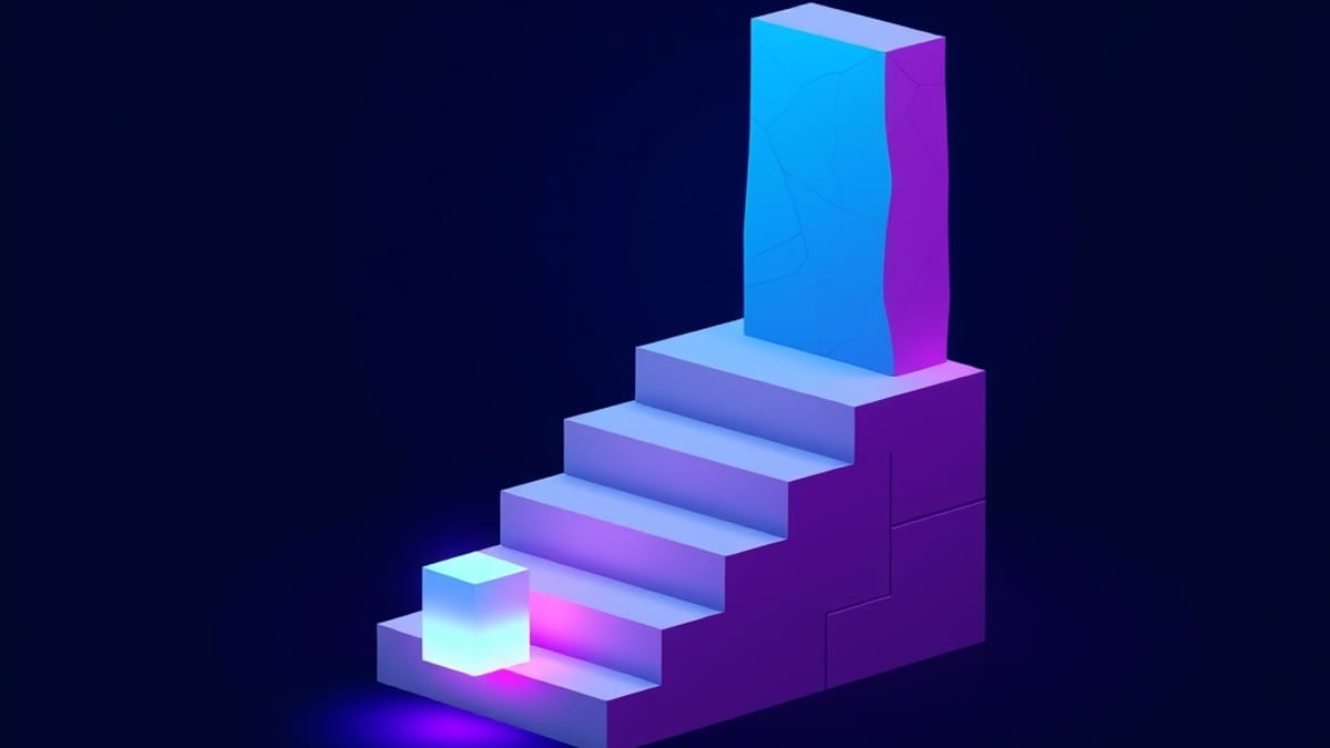 Three unequal steps of glass, wood, and stone rise left to right, with a small glowing cube at the base.