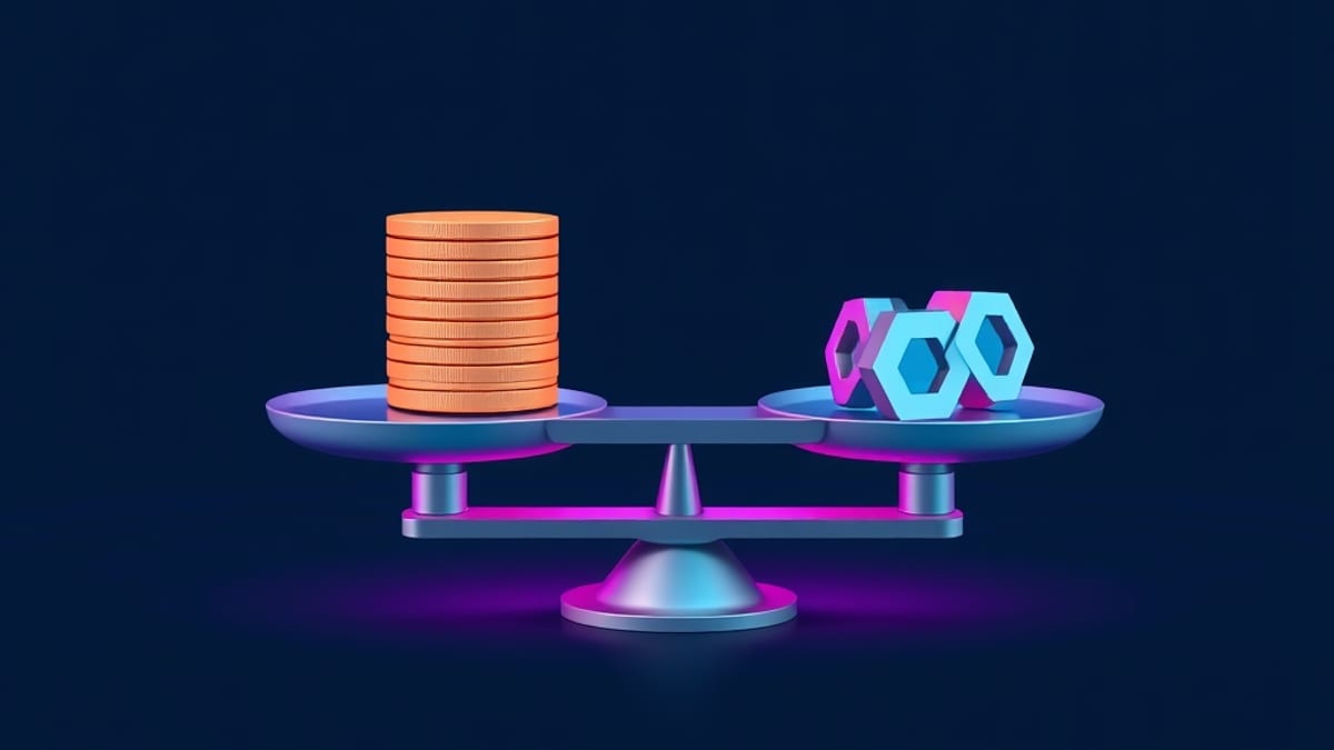A balance scale comparing a stack of coins on one side with a small set of geometric tool shapes on the other, both hanging l