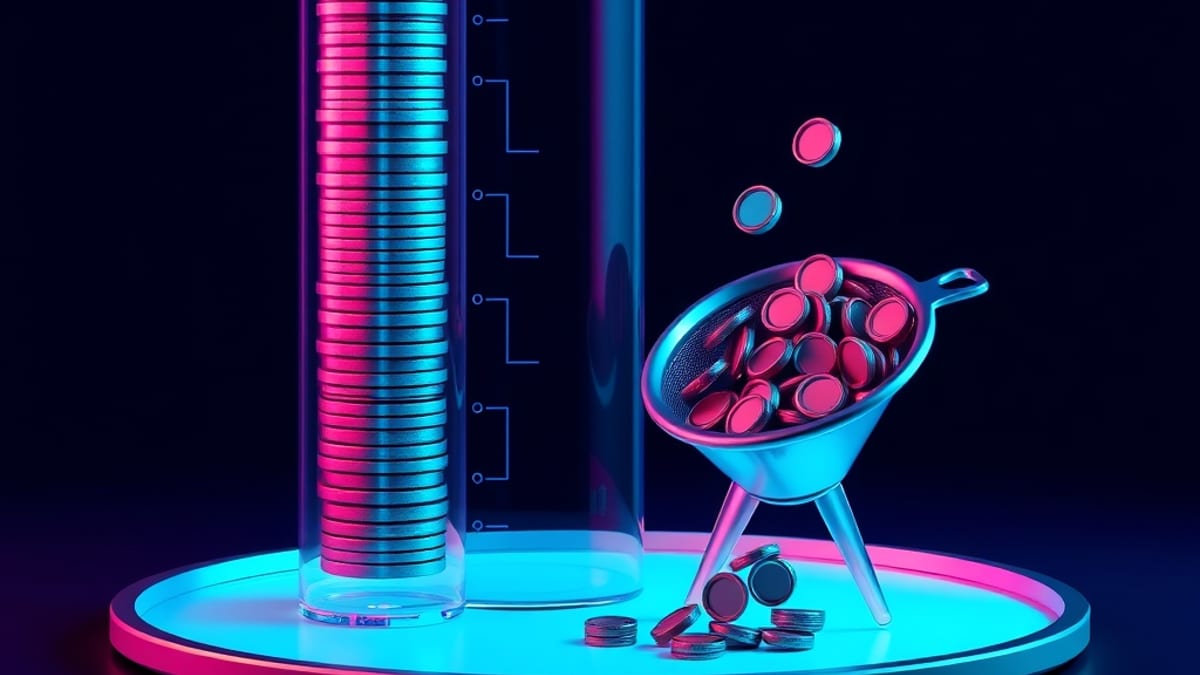 A tall stack of discs beside a funnel pouring discs into a sieve, with most slipping through and few landing in a tray.