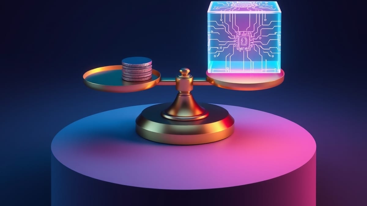 A balance scale weighing a small stack of coins against a glowing translucent glass cube.