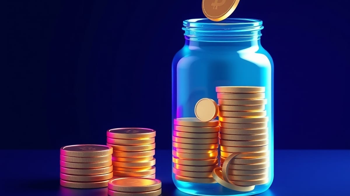 A glass jar half full of glowing coins sits beside a stack of coins, with a glass ceiling hovering above the jar's rim.