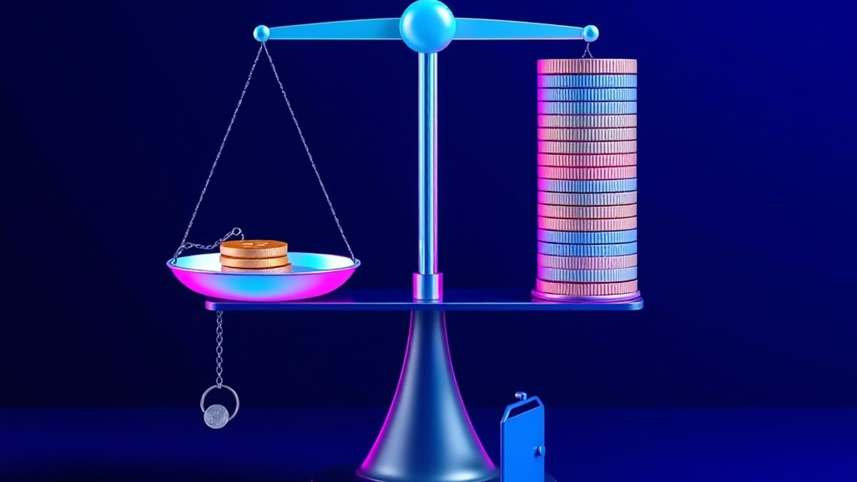 A balance scale comparing a small coin stack with a tall stack of twelve coins, with an open gate and one coin rolling away.