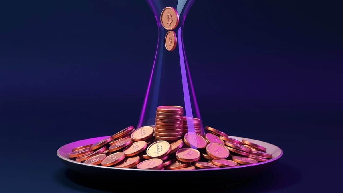 A tall glass funnel narrowing to a single coin at its spout, beside a shallow dish overflowing with identical coins.