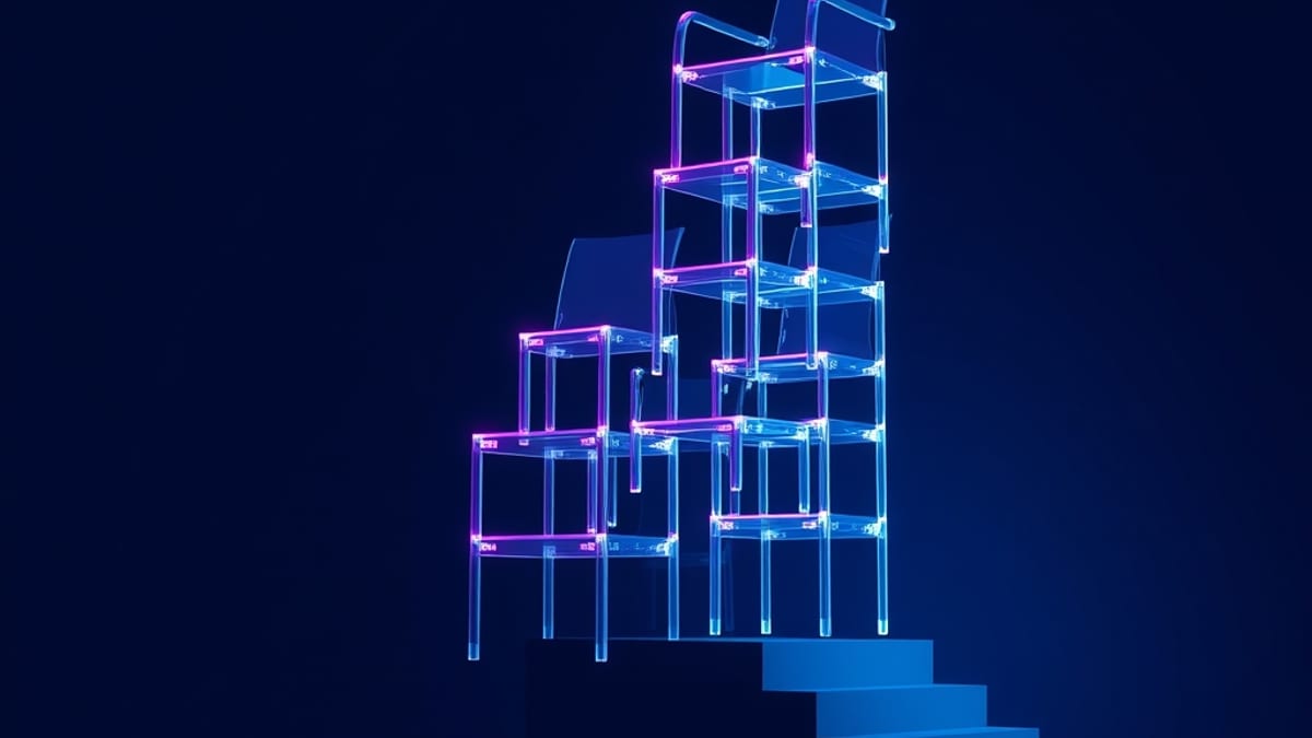 Translucent glass chairs stacked on a rising staircase, each casting its own shadow, with a small unlit stool off to the side