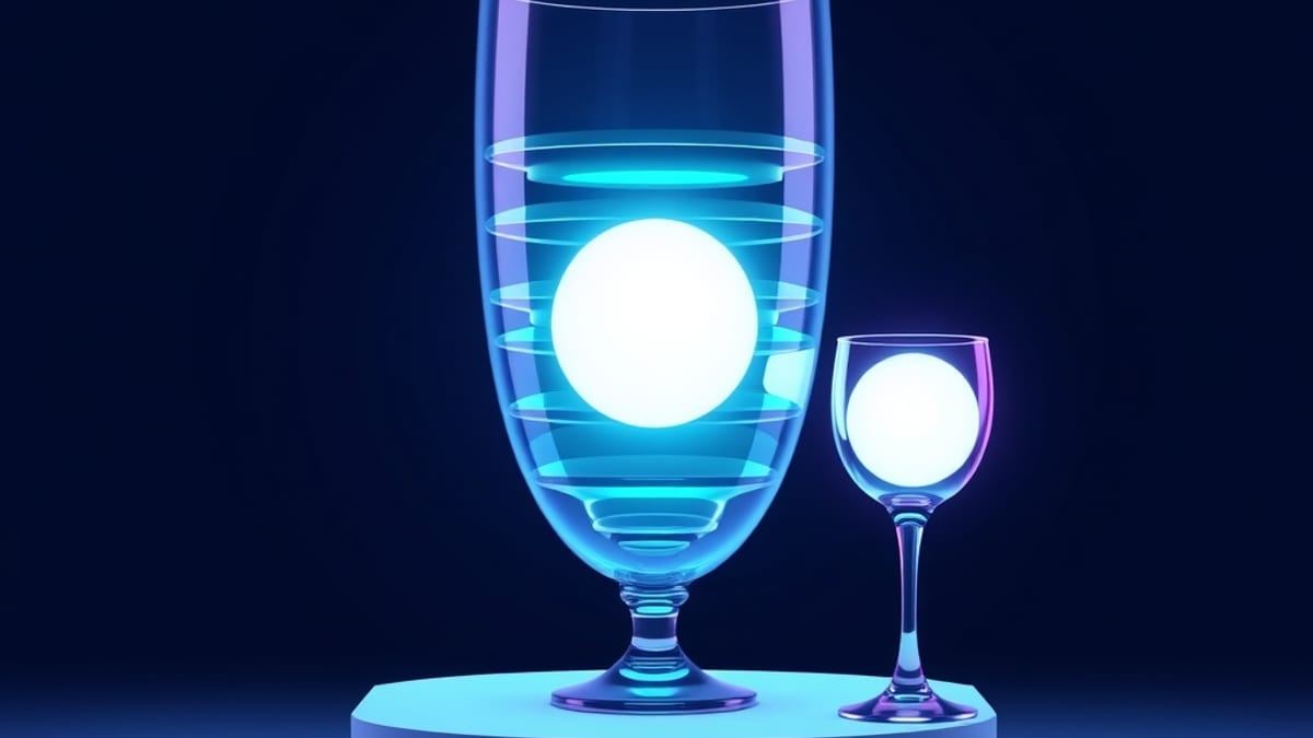 Three glass containers of very different sizes each hold one identical glowing sphere, showing equal content in unequal vesse