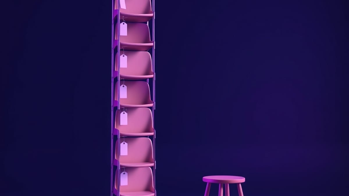 A stack of identical blank chairs towers beside one small empty stool, with no seat offered below them.