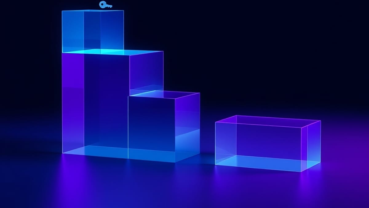 Four ascending translucent glass blocks each casting a wider beam of light, with the same small key hovering above all of the