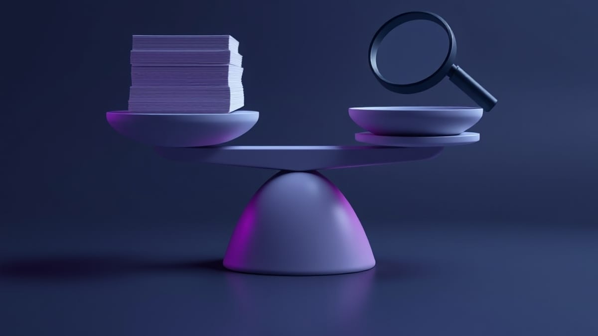 A clay balance scale holding a stack of blank sheets on one side and a heavy magnifying glass on the other, the pans almost l