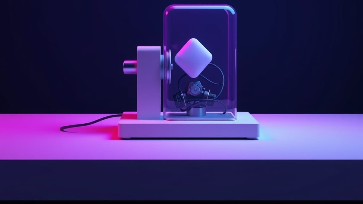 A small crank machine on a desk; turning one lever drops a finished polished object while tangled gears stay sealed inside gl