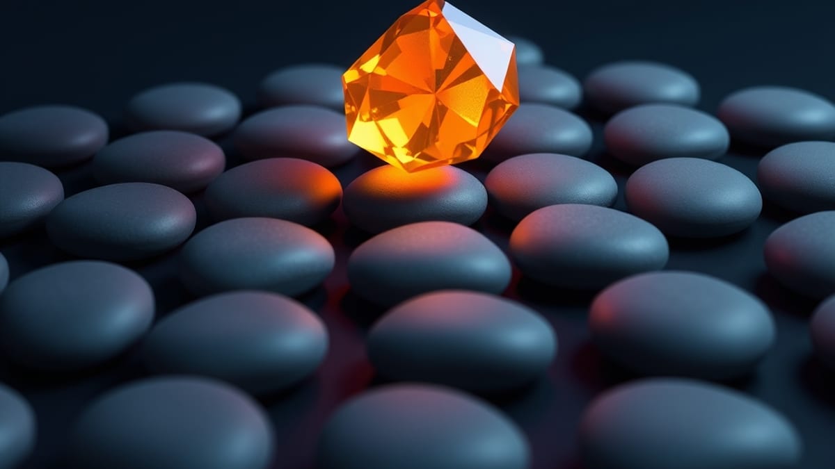 A machine stamping identical grey pebbles in a row while one pebble is carved into a distinct glowing gem.
