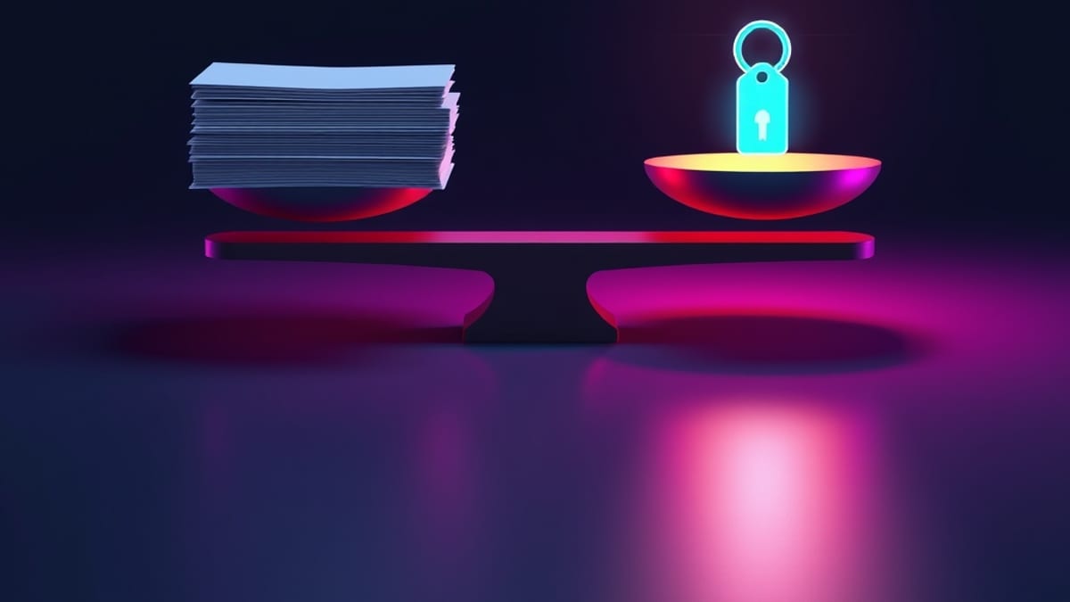 A balance scale with a heavy stack of blank papers on one side and a small glowing key on the other, the paper side sinking.