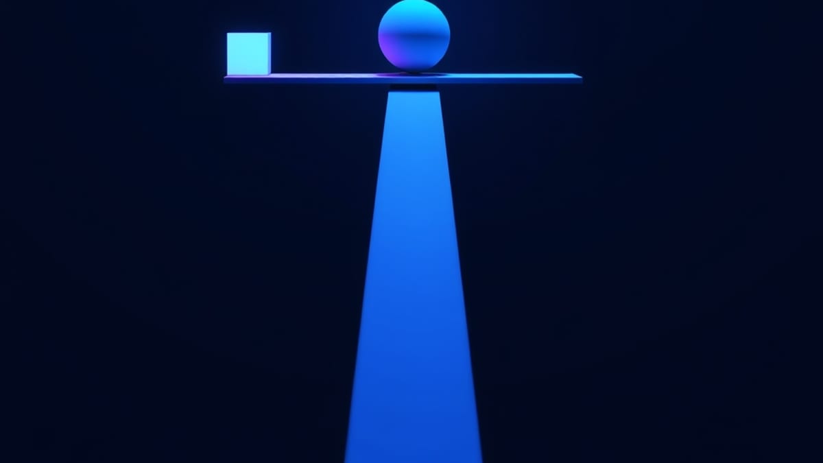 A slender beam balanced over darkness, a small glowing cube on one end and a large dark sphere weighing the other end down.