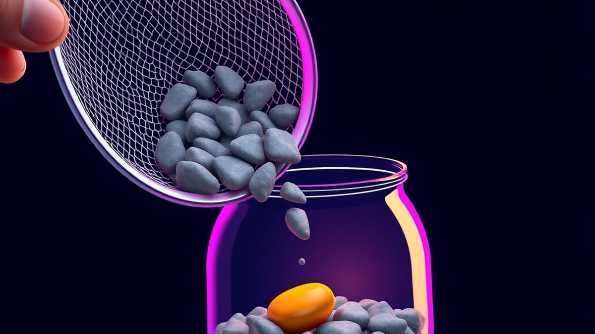 A sieve over a jar: gray pebbles fall through the mesh while polished amber stones stay caught on top, lit by one warm beam.