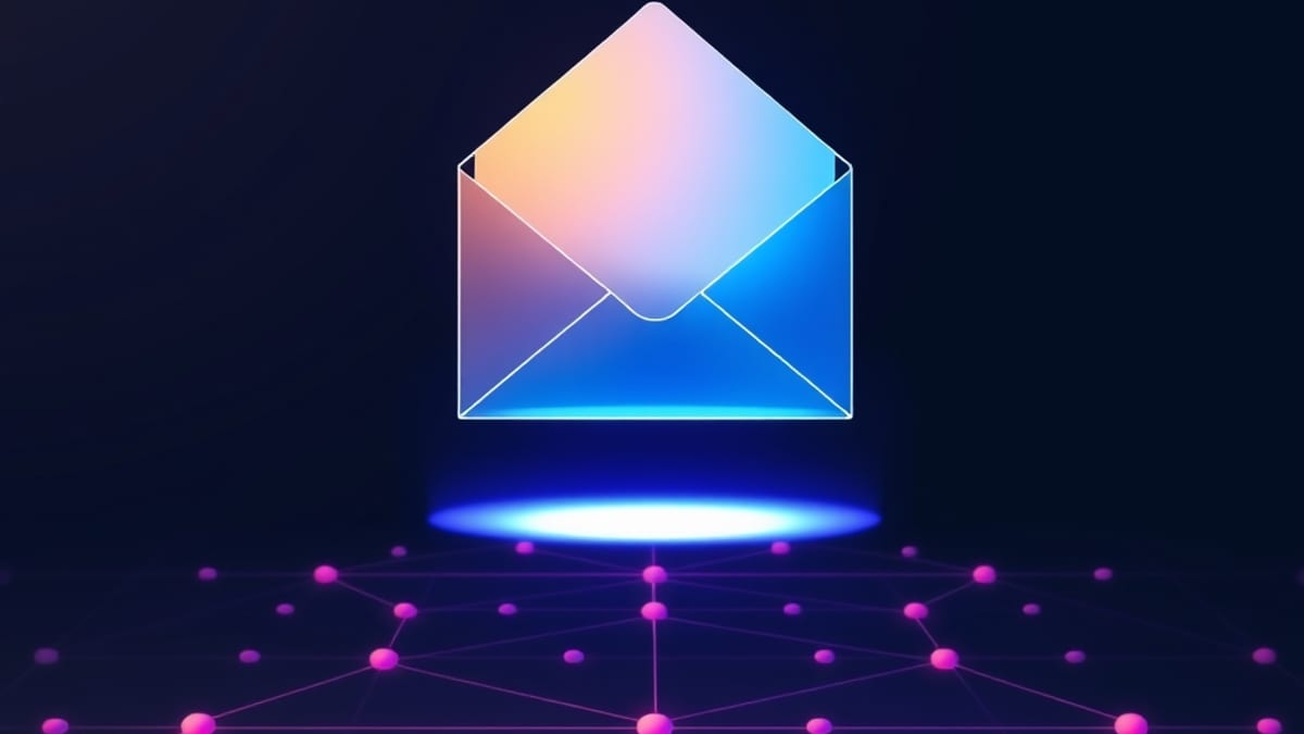 A transparent glass postcard floating above a pale grid of connected nodes, glowing amber on one side and blue on the other.