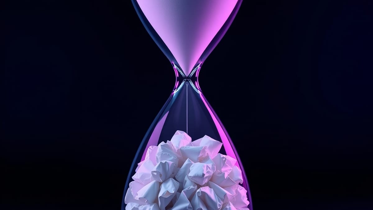 An hourglass whose top holds a small stack of blank paper while the bottom overflows with crumpled paper balls.