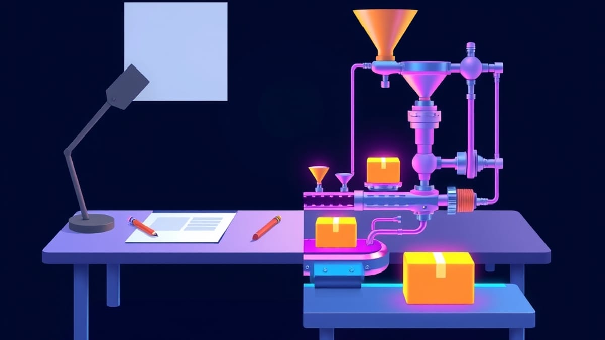 A flat vector scene where a lone blank page and pencil on one side becomes a chain of gears, funnels and pipes routing glowin