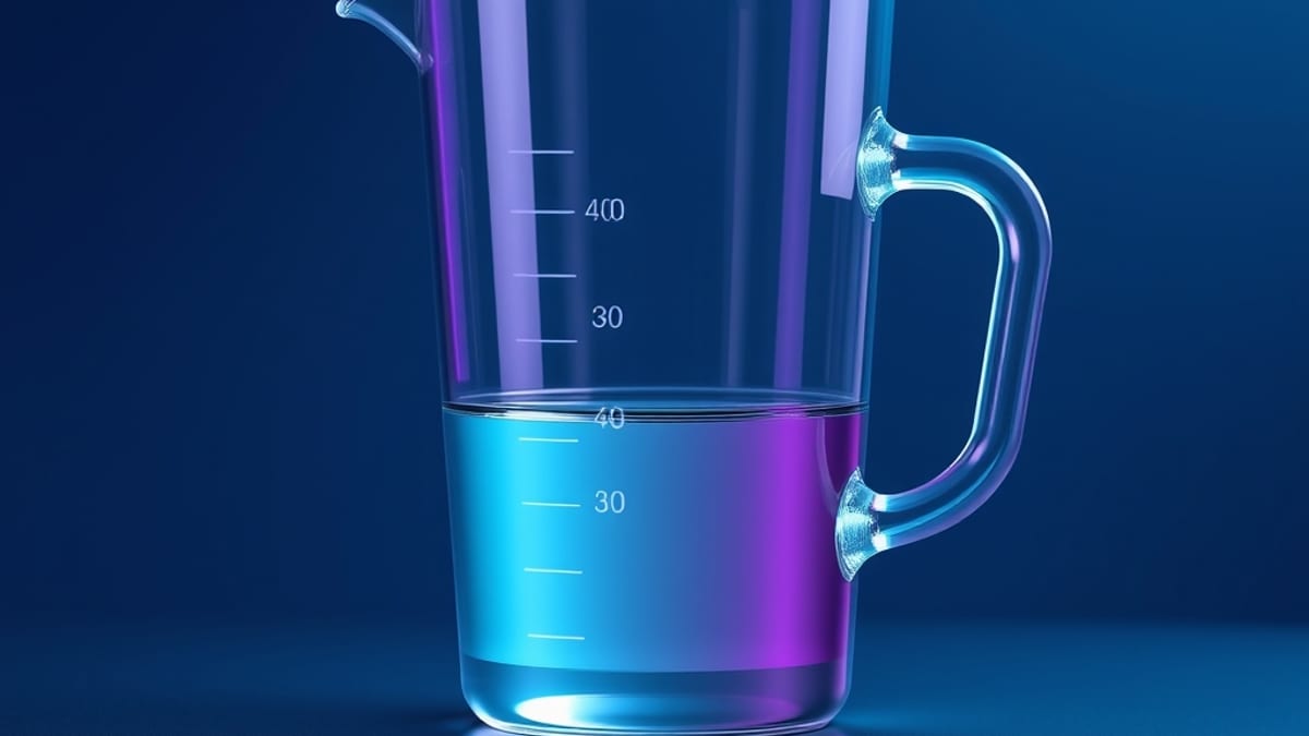 A clear glass measuring cup half full of liquid beside an etched calibration scale, one side hollow and empty.