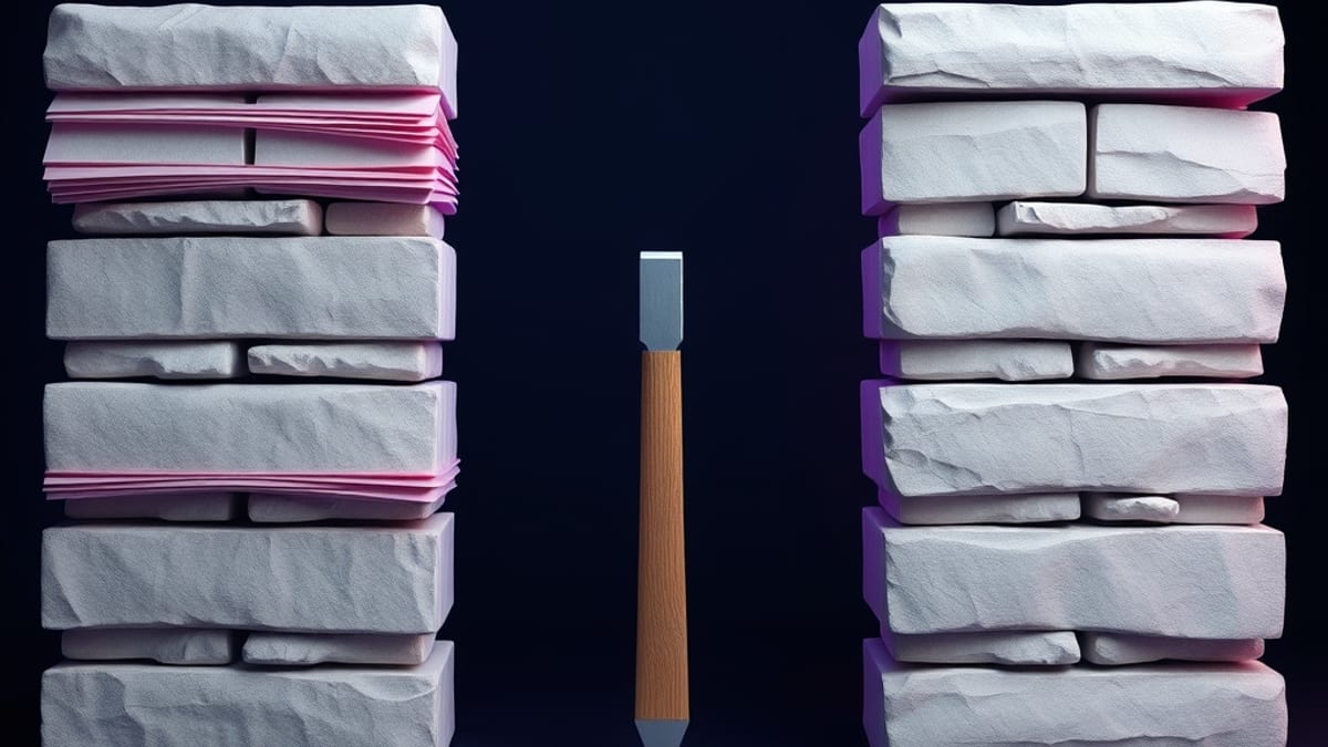 A wall split in two, one half stacked paper sheets, the other smooth blank stone slabs, with a chisel on the seam.