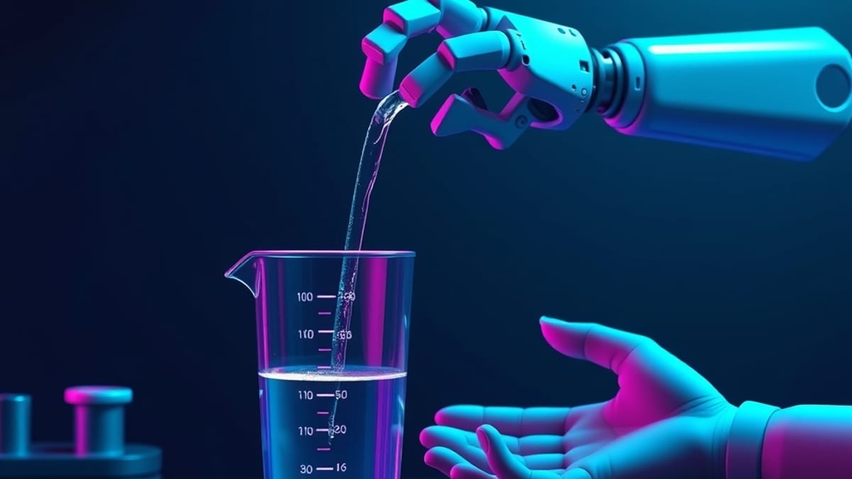 A glass measuring cup half full of glowing liquid beside a robotic arm pouring a second stream, with an empty human hand outl