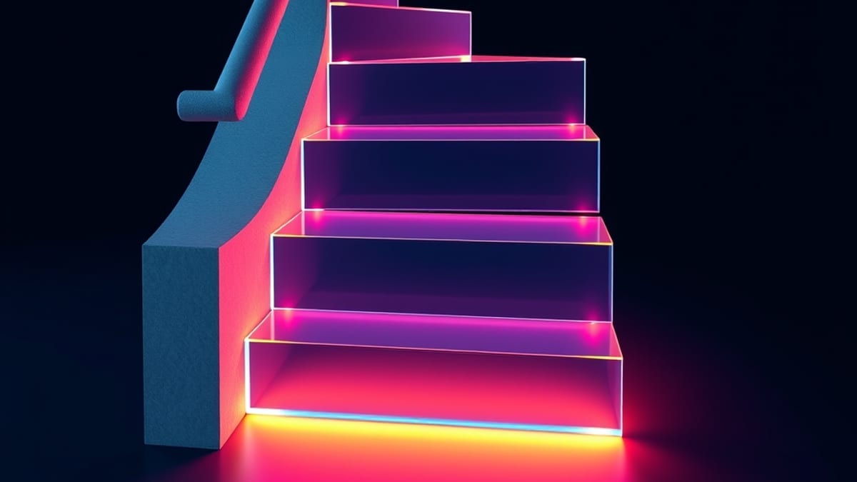 A glass staircase with some steps missing, showing dark hollow gaps, beside a solid lit handrail.