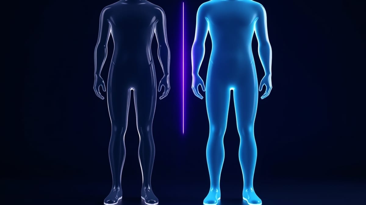 Two glass human silhouettes side by side, one hollow and one solid, divided by a thin line of light.