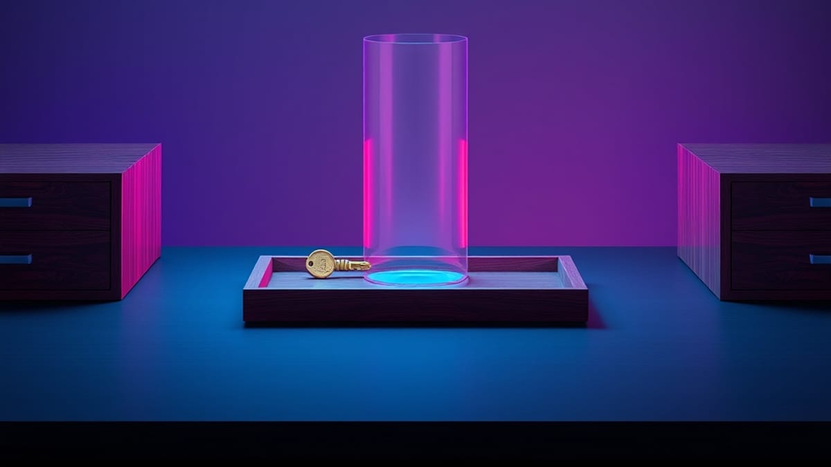 A glass pane divides two desks; one tray holds a brass key, the other tray is empty under a warm beam.