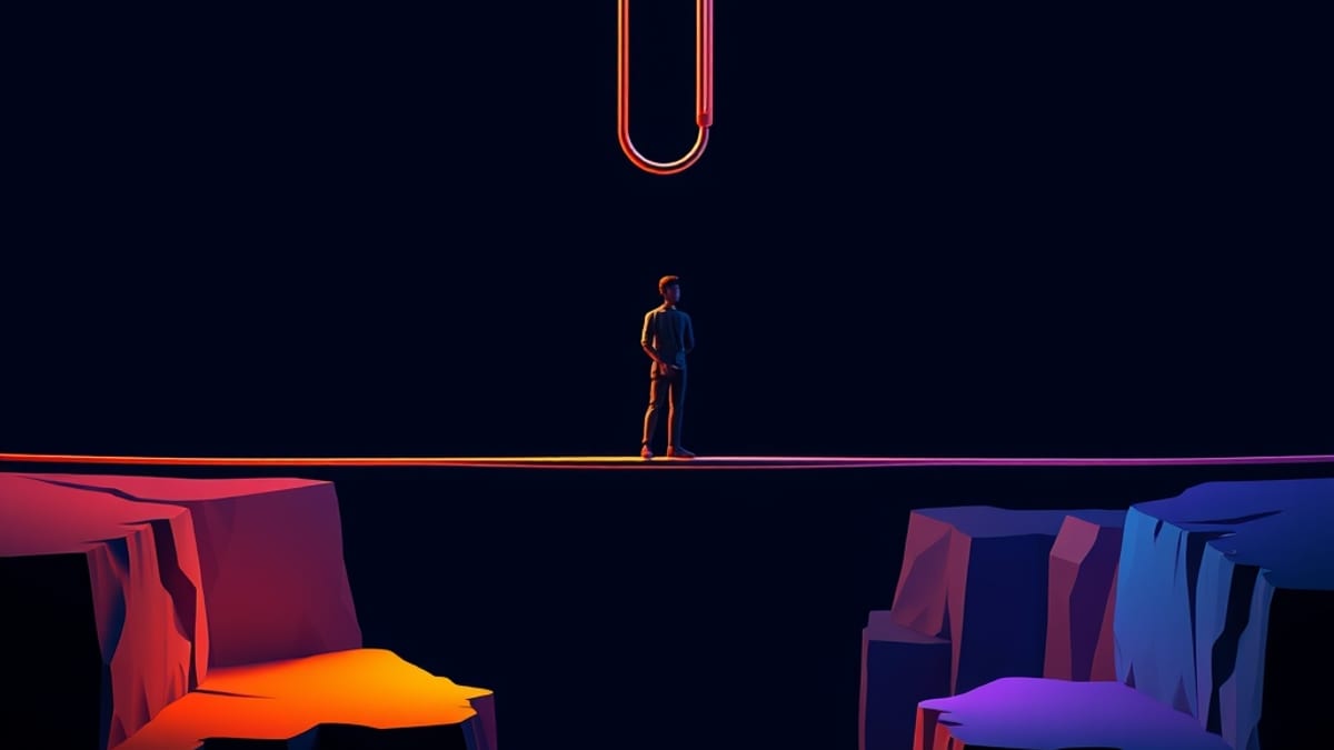 A giant paperclip balances on a wire above a chasm while a small human figure stands on a narrow beam nearby.