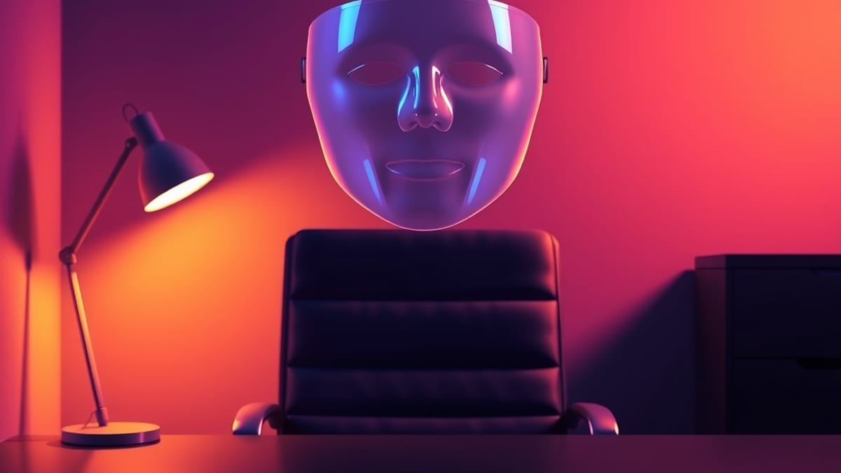 A clear glass mask floats before an empty chair, its shadow on the wall forming a solid human silhouette.