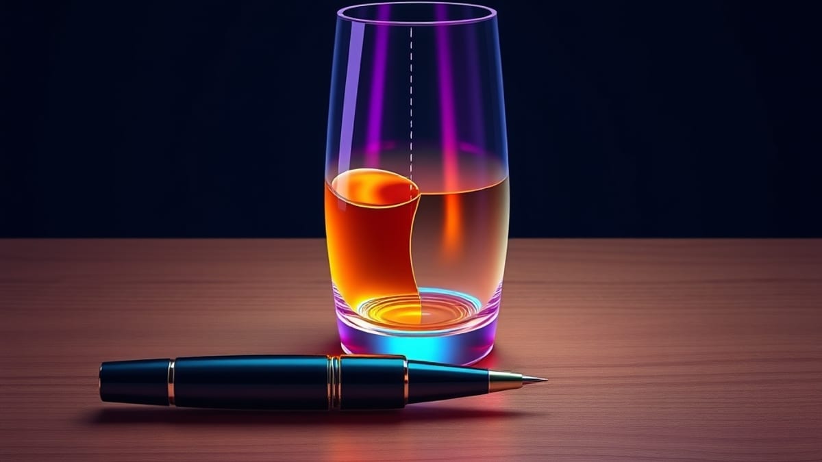 A glass pen on a wooden desk, one half glowing amber with ink, the other half hollow and empty, divided by a dotted line.