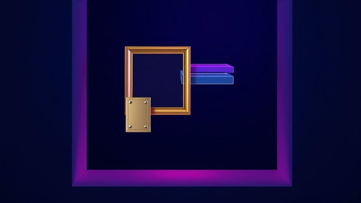 A glowing keyhole opening in a concrete wall lets blank framed canvases drift through, while a second keyhole is sealed shut.