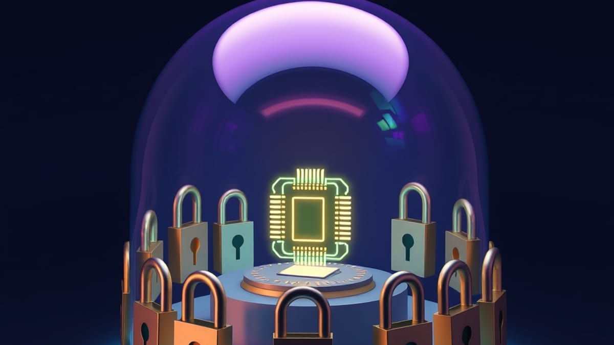 A glowing microchip inside a glass dome, surrounded by mismatched keys and latches pressing in from separate edges.
