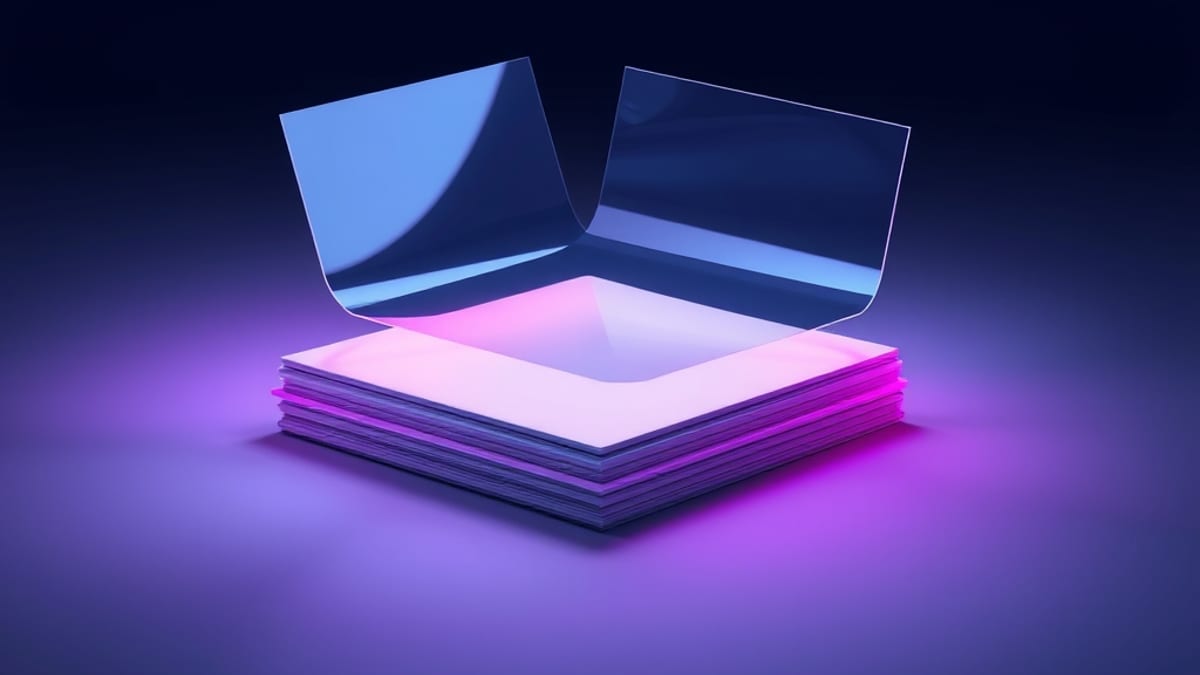 One glass document separates into three differently tinted sheets, each casting its own shadow in a different direction.