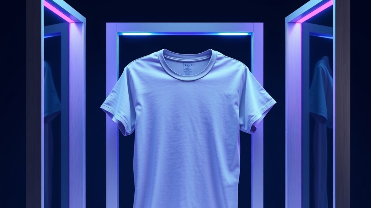A plain folded t-shirt moving through four translucent gate frames of glass, mesh, frosted acrylic and metal.