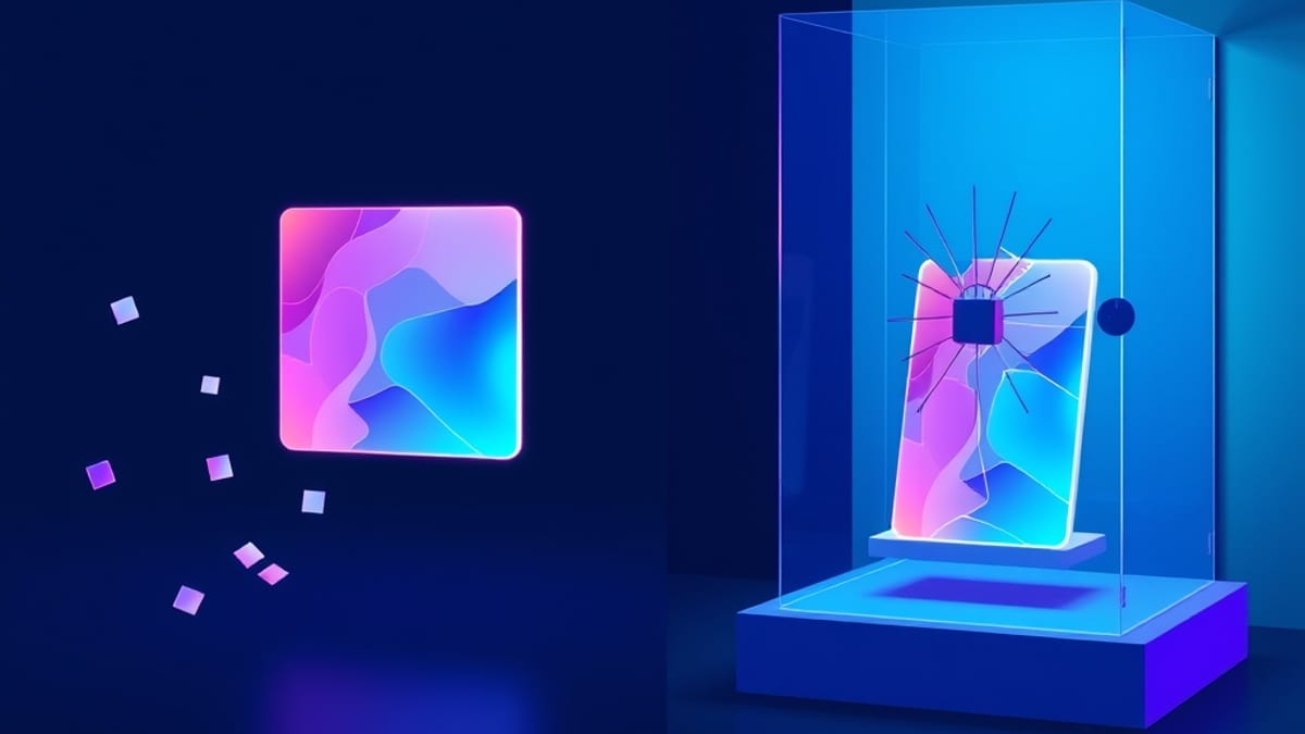 An abstract image tile drifts beside many faint copies, while a locked glass case with a broken empty keyhole stands apart.