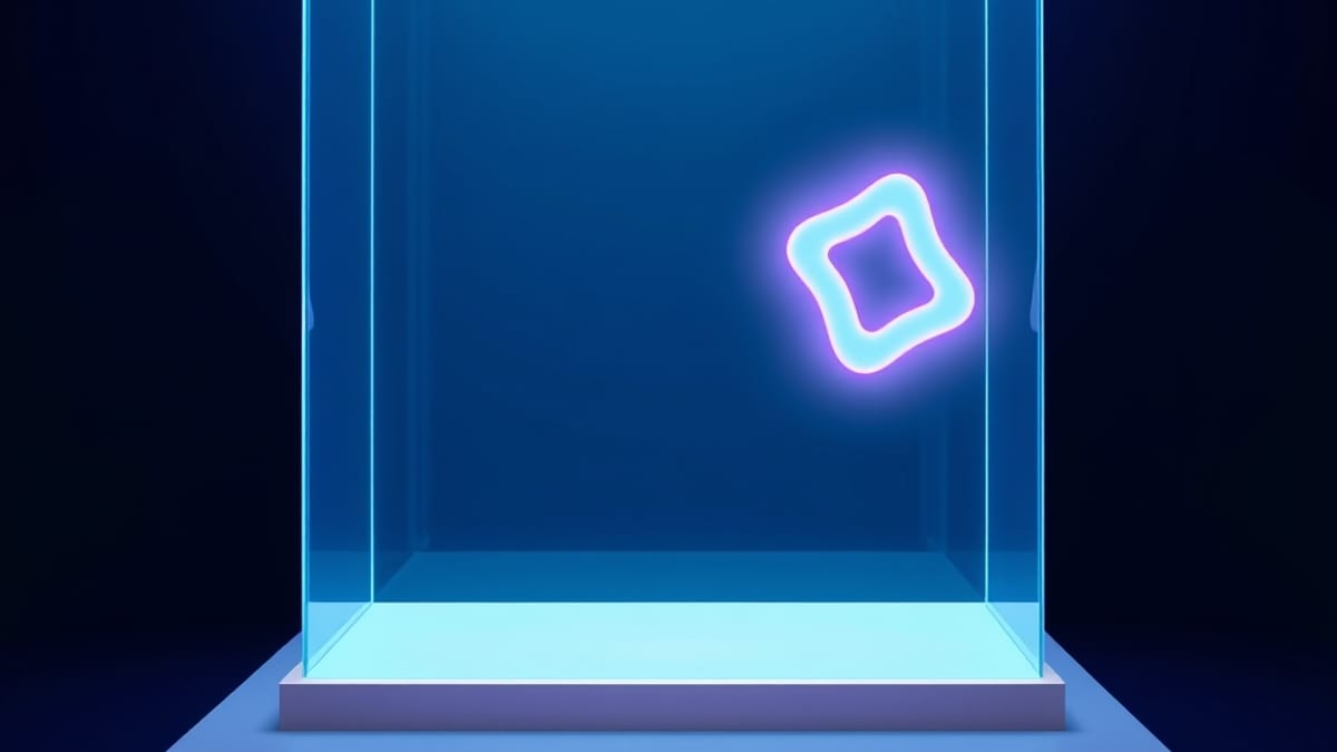 An open glass case with a glowing abstract shape drifting out, while a duplicate shape floats freely nearby.