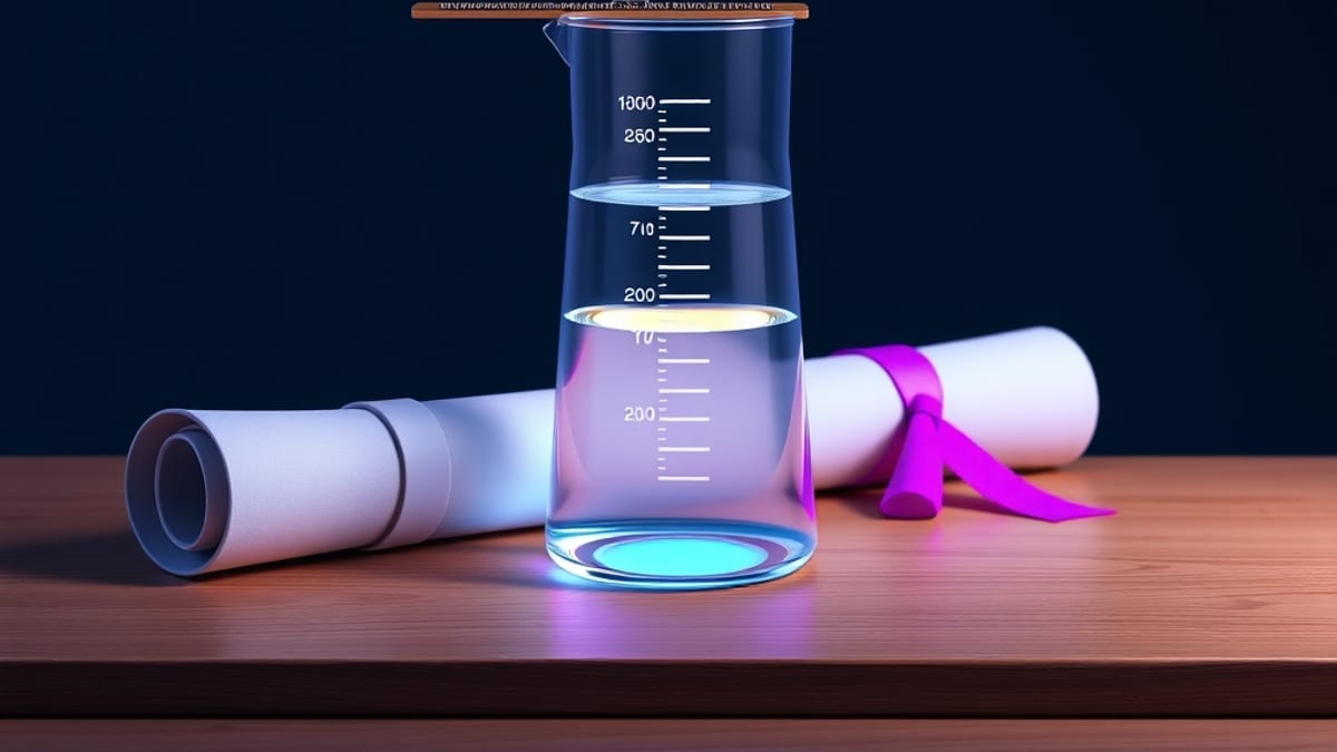 A glass beaker partly filled with glowing liquid on a desk, with a ruler across its rim and a sealed diploma nearby.