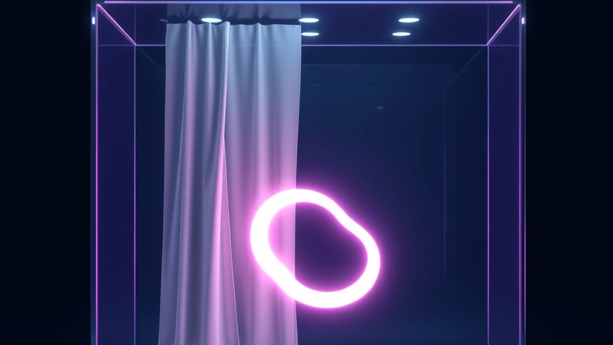 A glass case holding a glowing abstract shape, partly veiled by a drawn curtain, showing that hiding the source is the proble