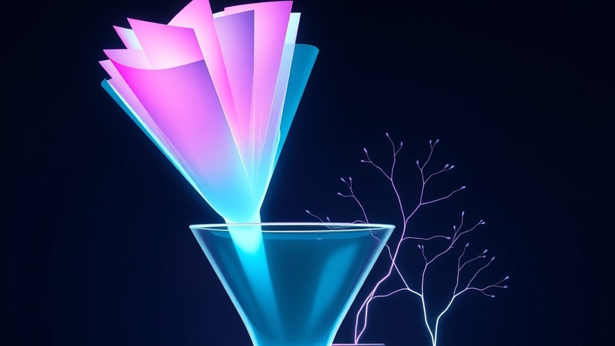 A glass funnel catching glowing paper sheets while thin side pipes siphon slivers of light into dark jars behind it.