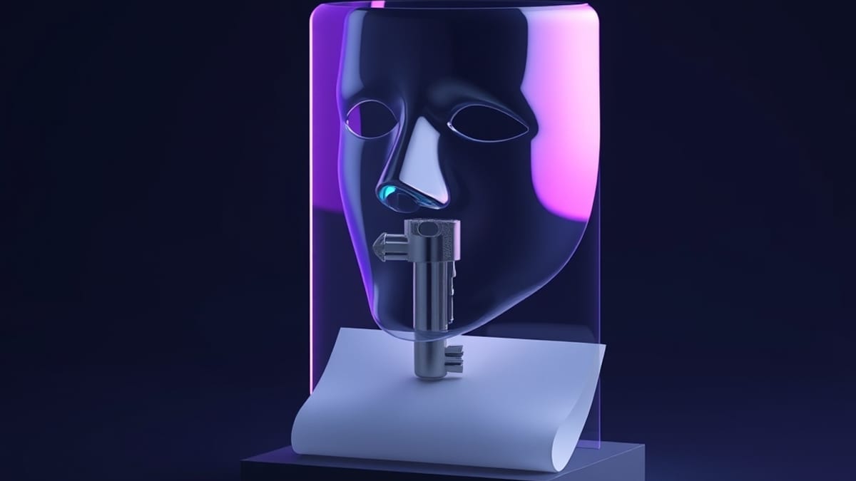 A glass face-shaped mask fused into a metal key beside a paper note dissolving into dust.