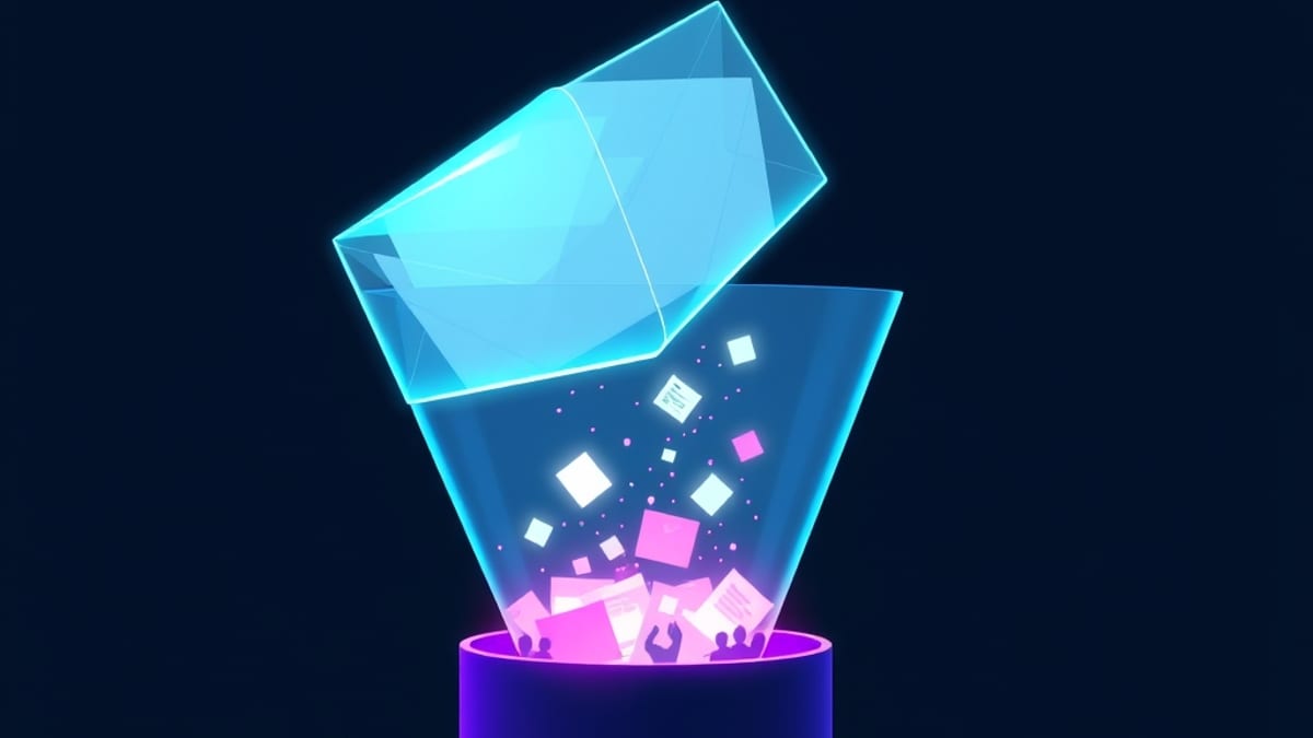 A sealed glass envelope of glowing documents tipped into a funnel above a translucent server silo, where the papers dissolve 