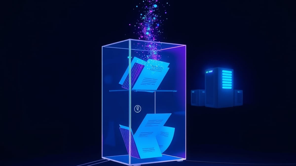 A glass filing cabinet on a wire bridge, half its documents dissolving into glowing particles drifting toward a distant tower