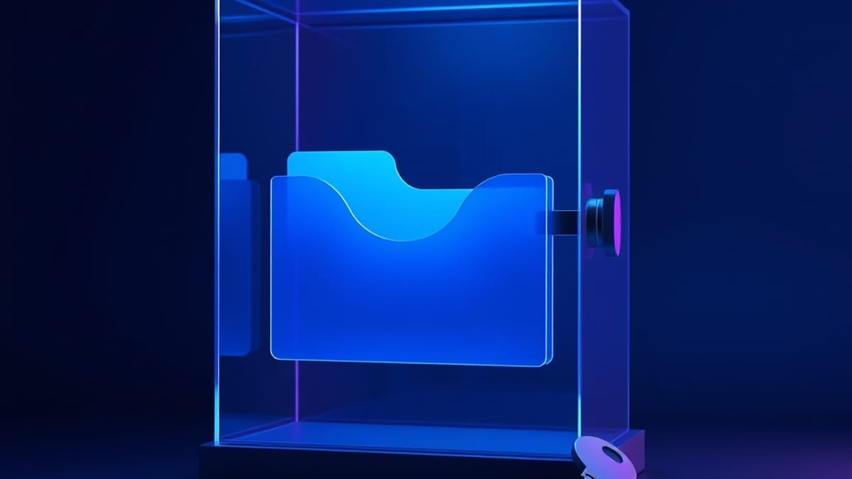 A translucent document folder descends into a glass vault while a matching key rests unused beside it.
