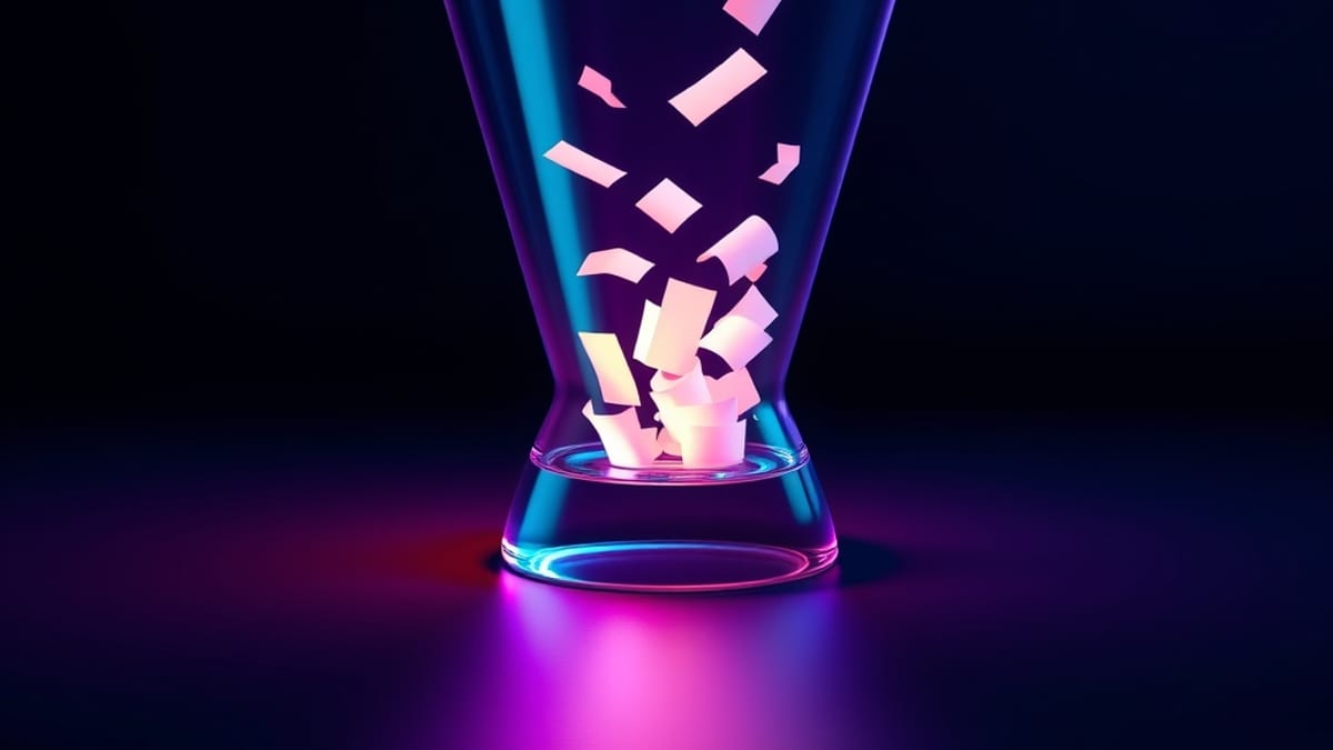 A glass funnel divided into two chambers: one open and glowing with dissolving paper slips, the other sealed with a padlock a